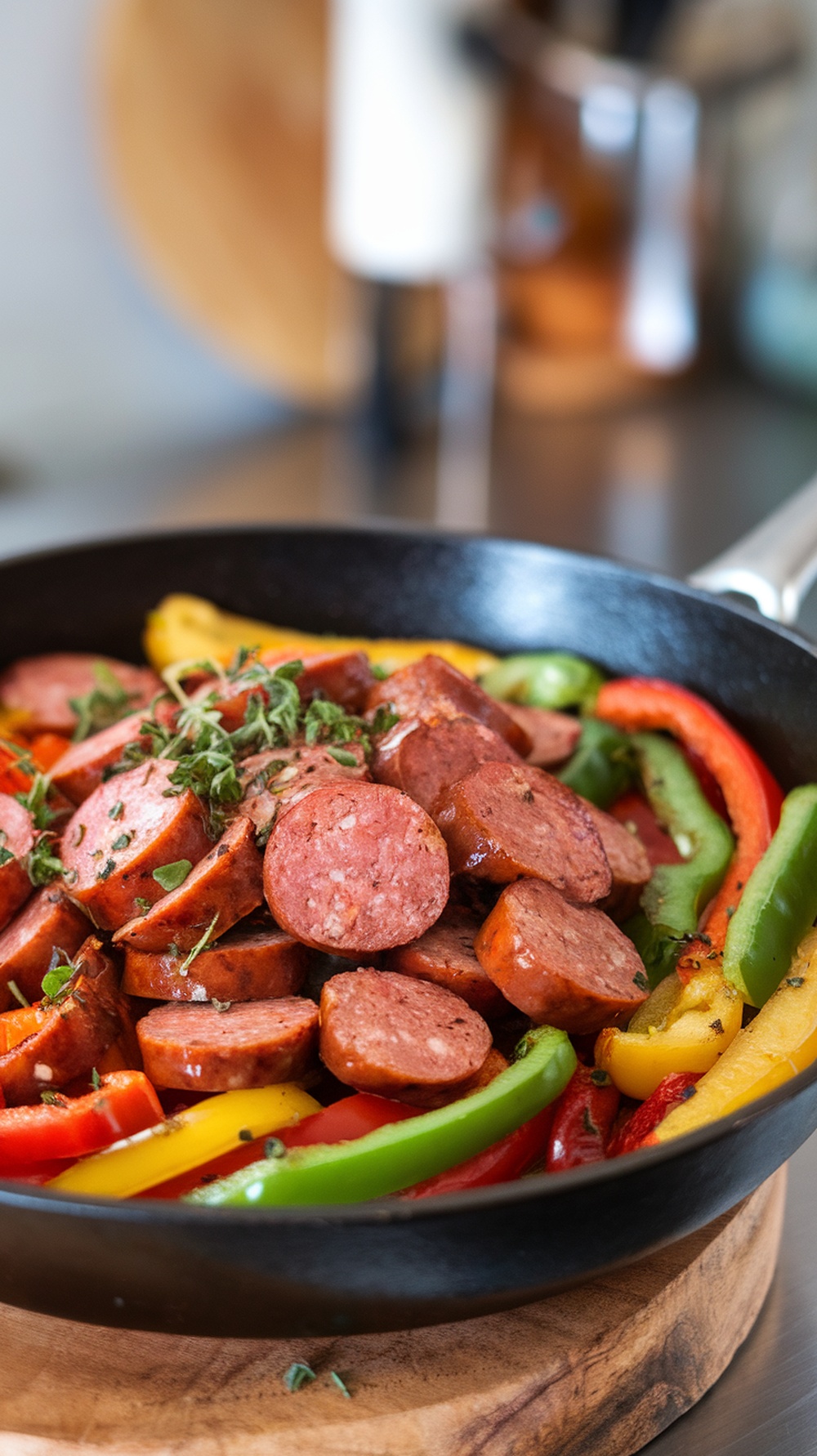 A skillet filled with sliced spicy sausage and colorful bell peppers, garnished with herbs.