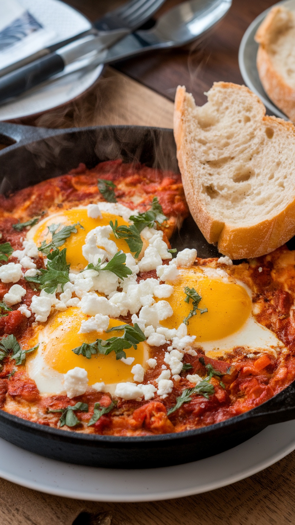 A skillet of spicy shakshuka with poached eggs, feta cheese, and fresh herbs, served with bread.