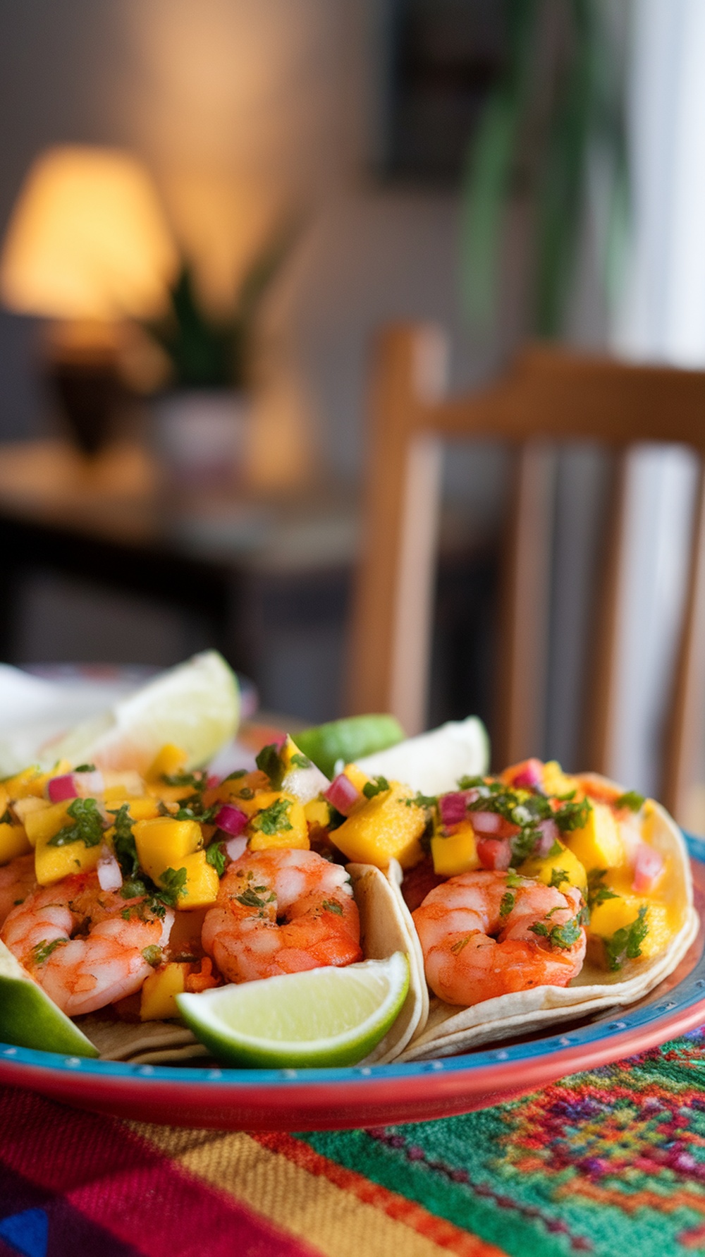 Spicy shrimp tacos topped with mango salsa on a colorful plate