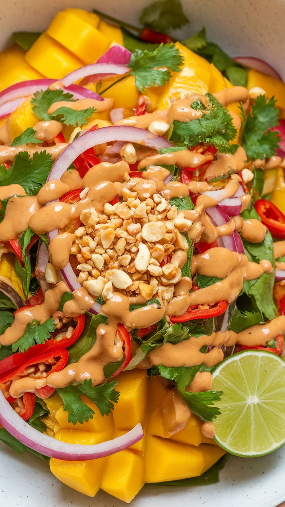A colorful Spicy Thai Mango Salad with mango slices, red onions, cilantro, and a peanut dressing, garnished with crushed peanuts and lime.
