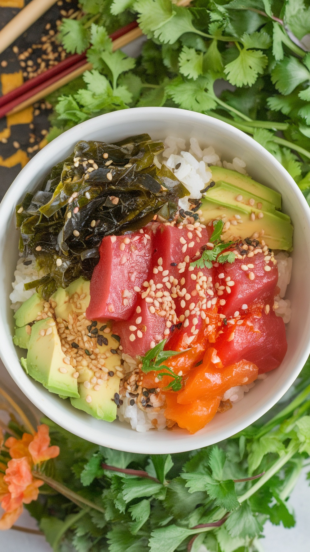 A colorful Spicy Tuna Poke Bowl with sushi rice, diced tuna, avocado, seaweed, and garnished with sesame seeds and cilantro.