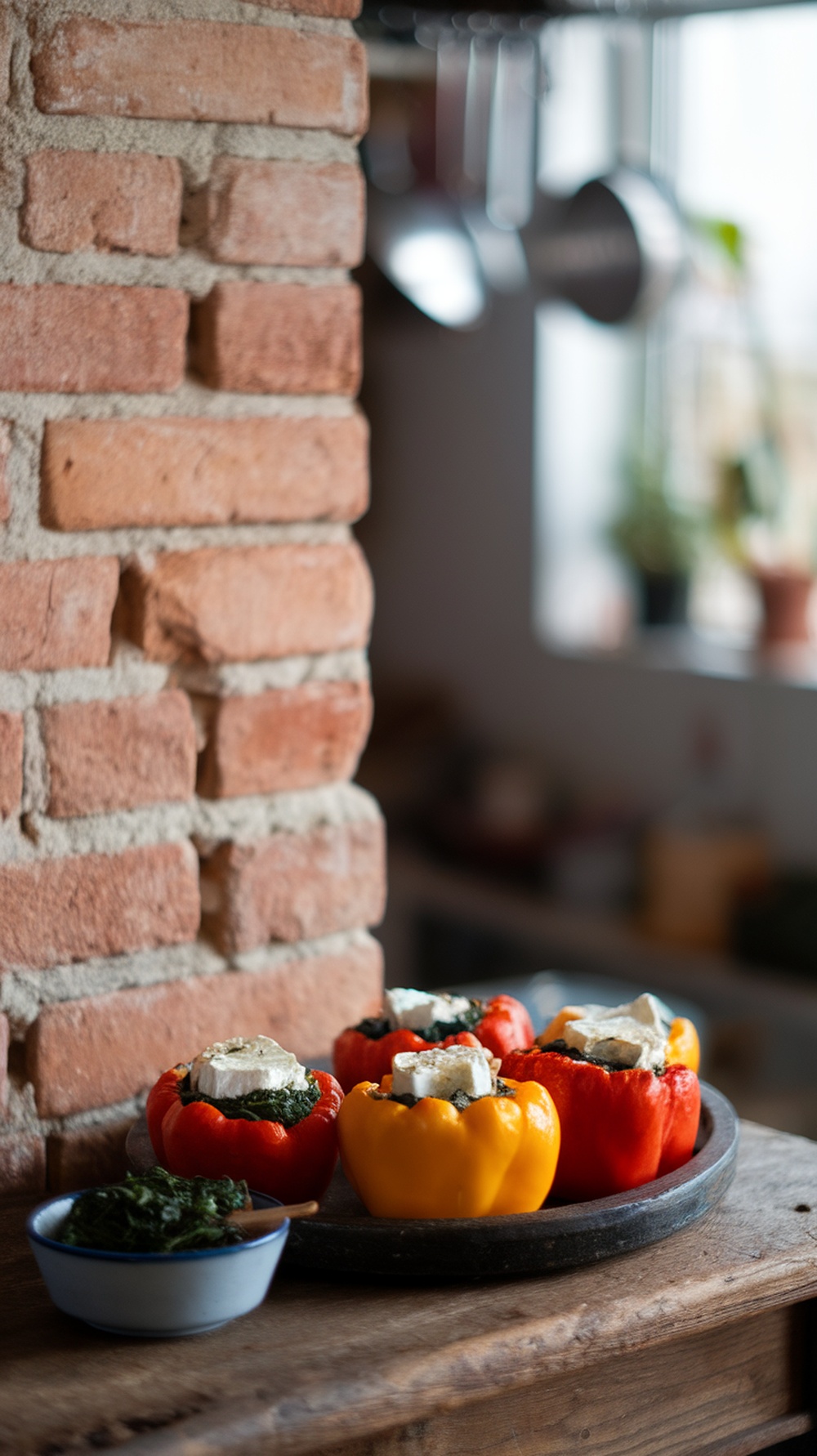 Colorful stuffed peppers filled with spinach and feta cheese on a rustic wooden table.