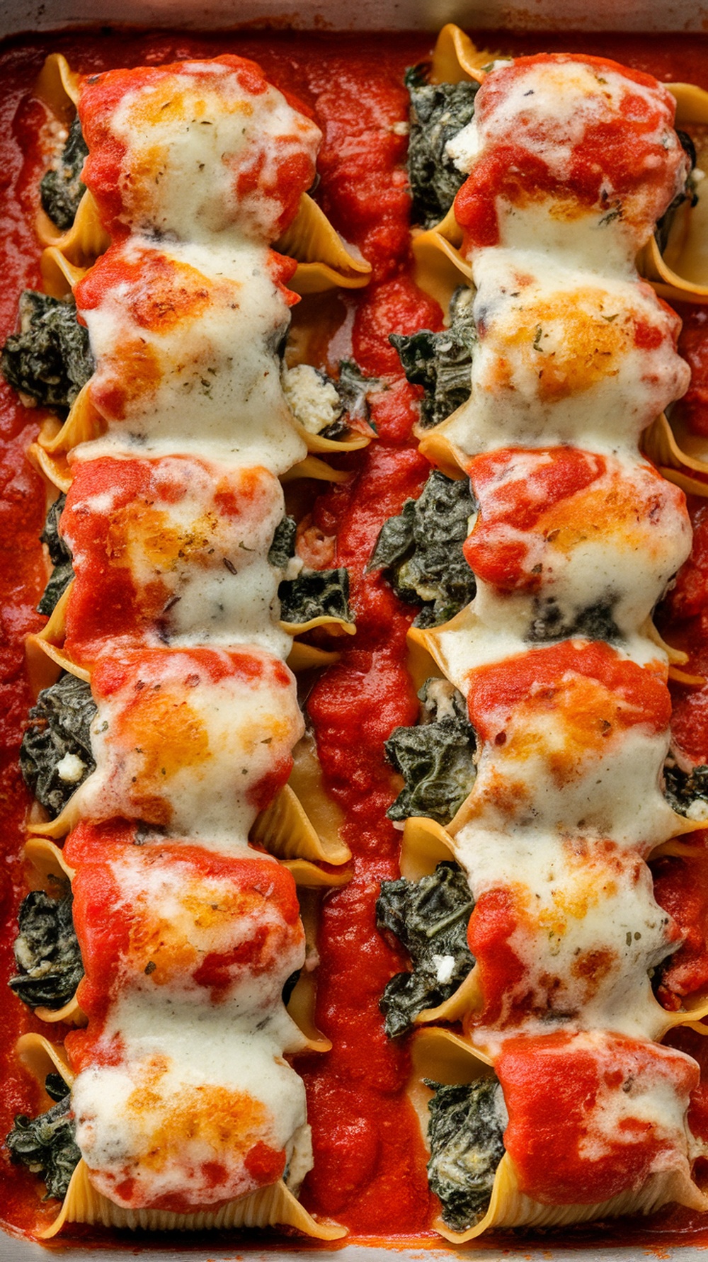 Baked spinach and feta stuffed pasta shells topped with tomato sauce and melted cheese.