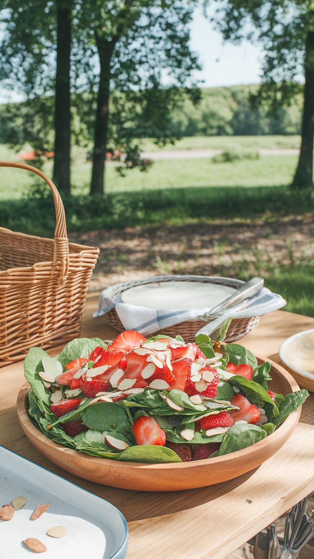 A bowl of spinach and strawberry salad with sliced almonds, set outdoors.