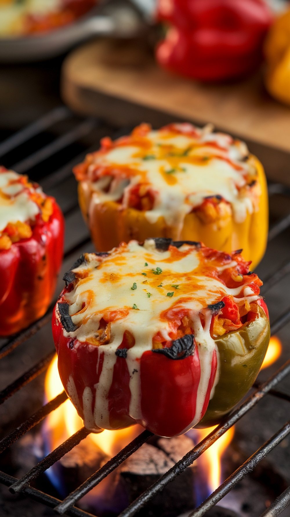 Grilled stuffed bell peppers with melted cheese on the grill