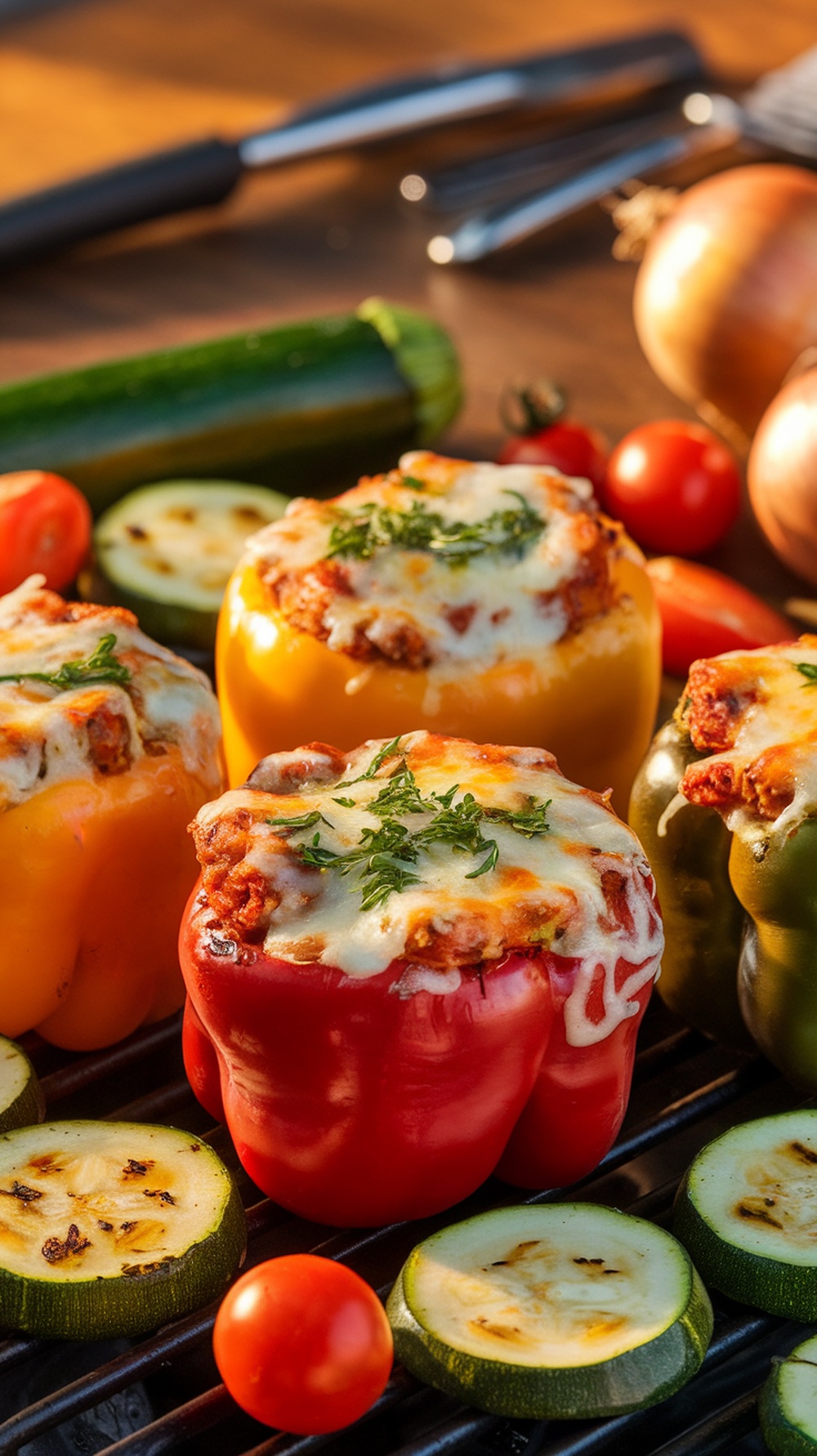 Grilled stuffed bell peppers with melted cheese and vegetables