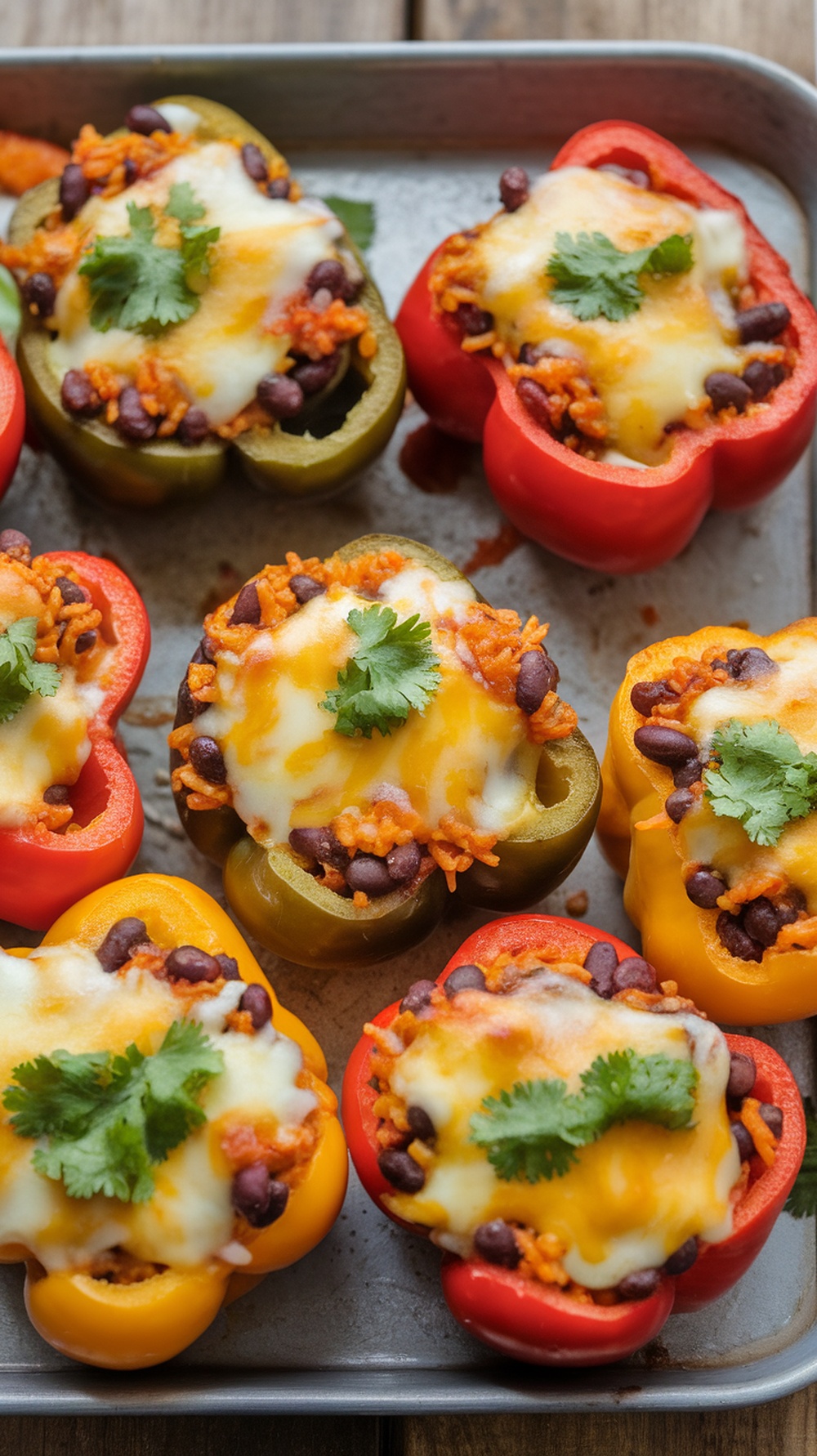 Stuffed bell peppers filled with black beans, rice, and topped with cheese.
