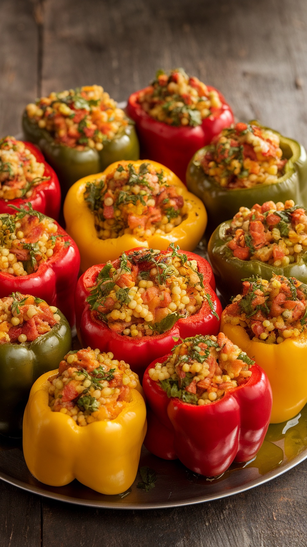 Stuffed bell peppers filled with couscous and herbs, arranged on a platter.