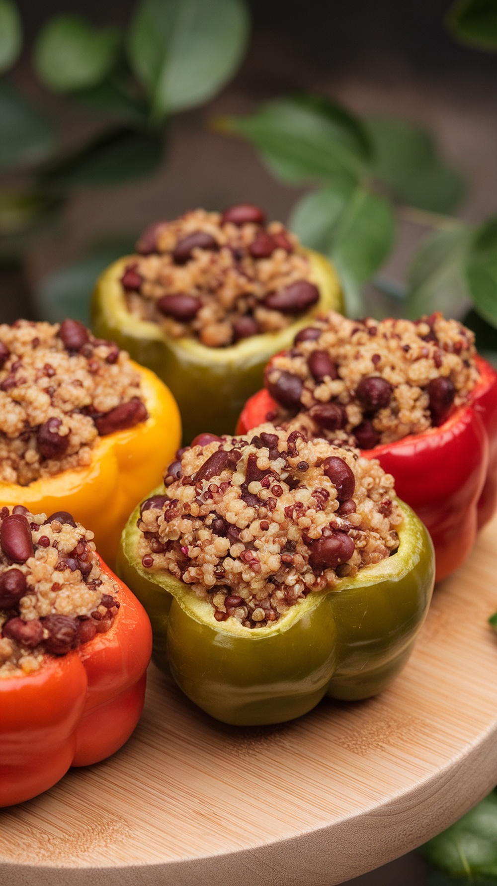Stuffed bell peppers filled with quinoa and beans on a wooden platter.