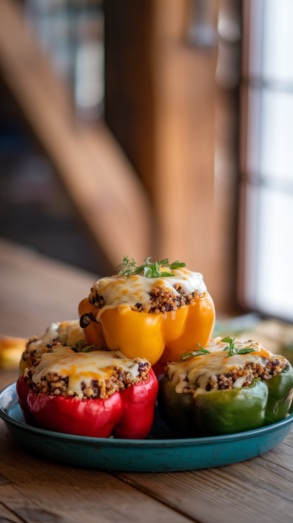 Stuffed bell peppers filled with quinoa and black beans, topped with melted cheese, on a blue plate.