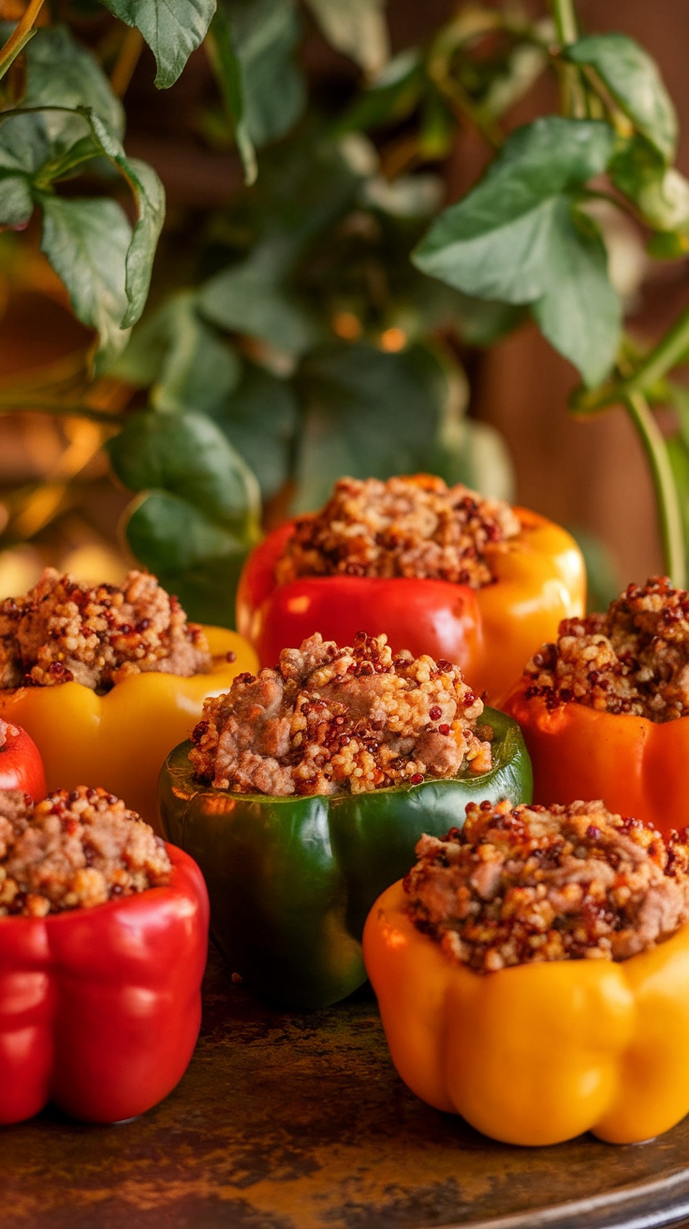 Colorful stuffed bell peppers filled with quinoa and turkey
