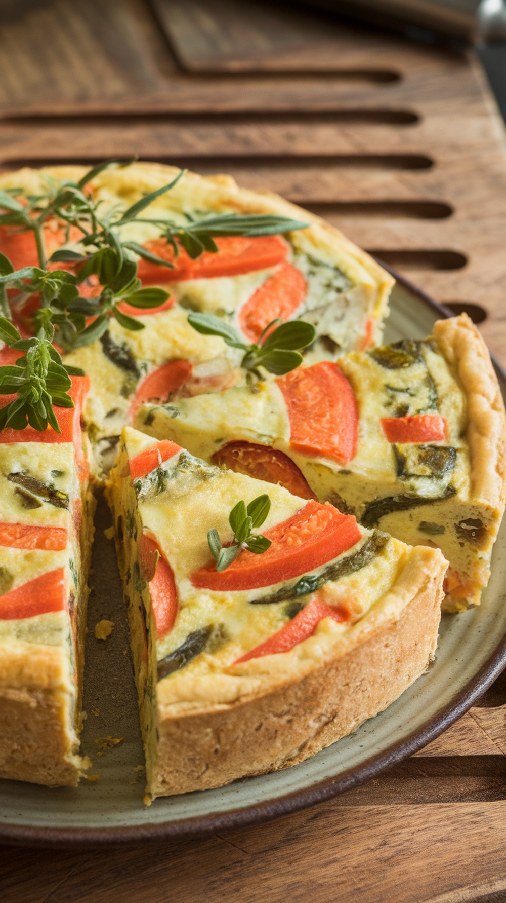 A summer vegetable frittata with red bell peppers and herbs, sliced and served on a plate.