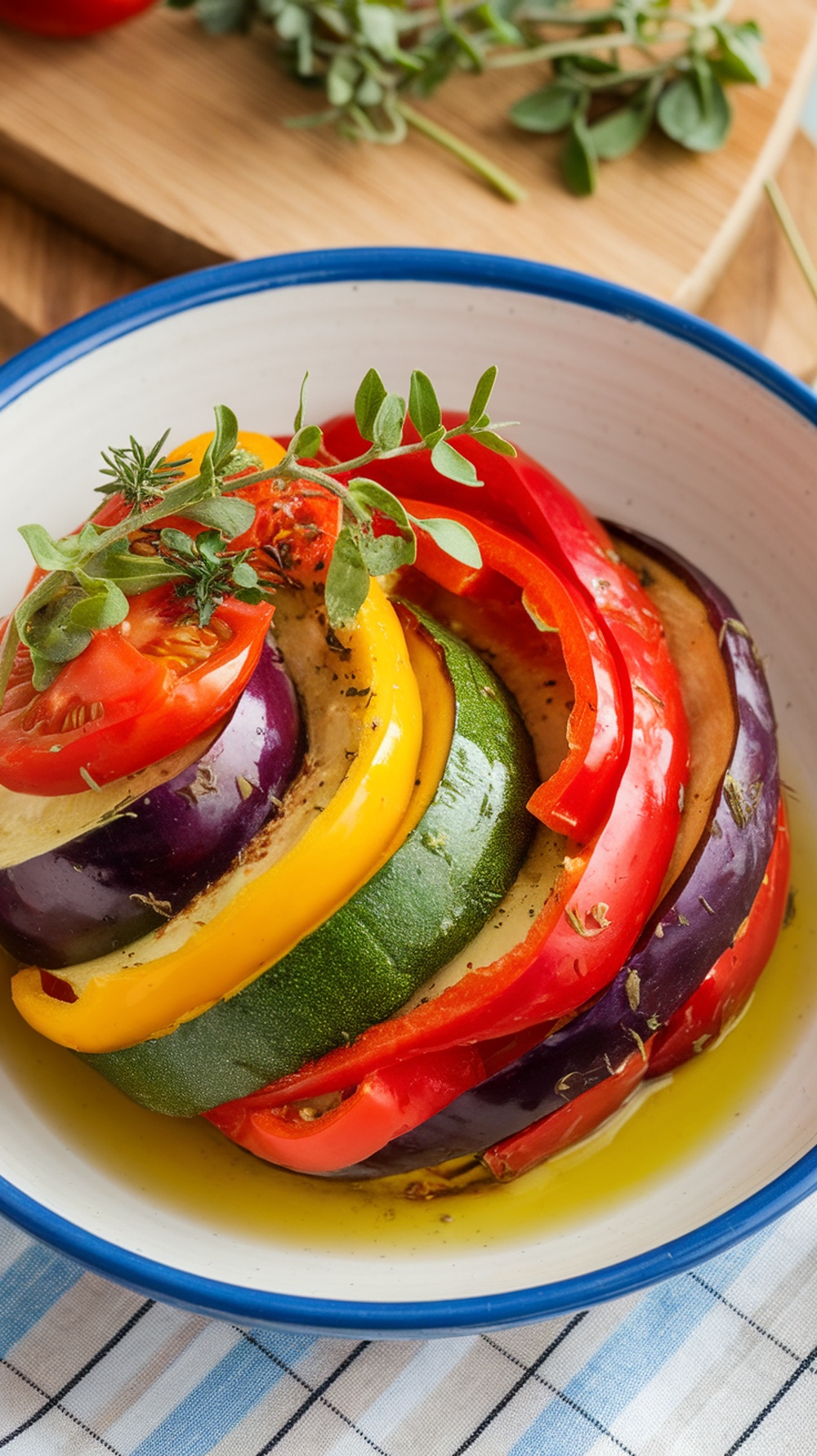 A colorful arrangement of sliced summer vegetables including zucchini, eggplant, and bell peppers in a bowl, garnished with fresh herbs.