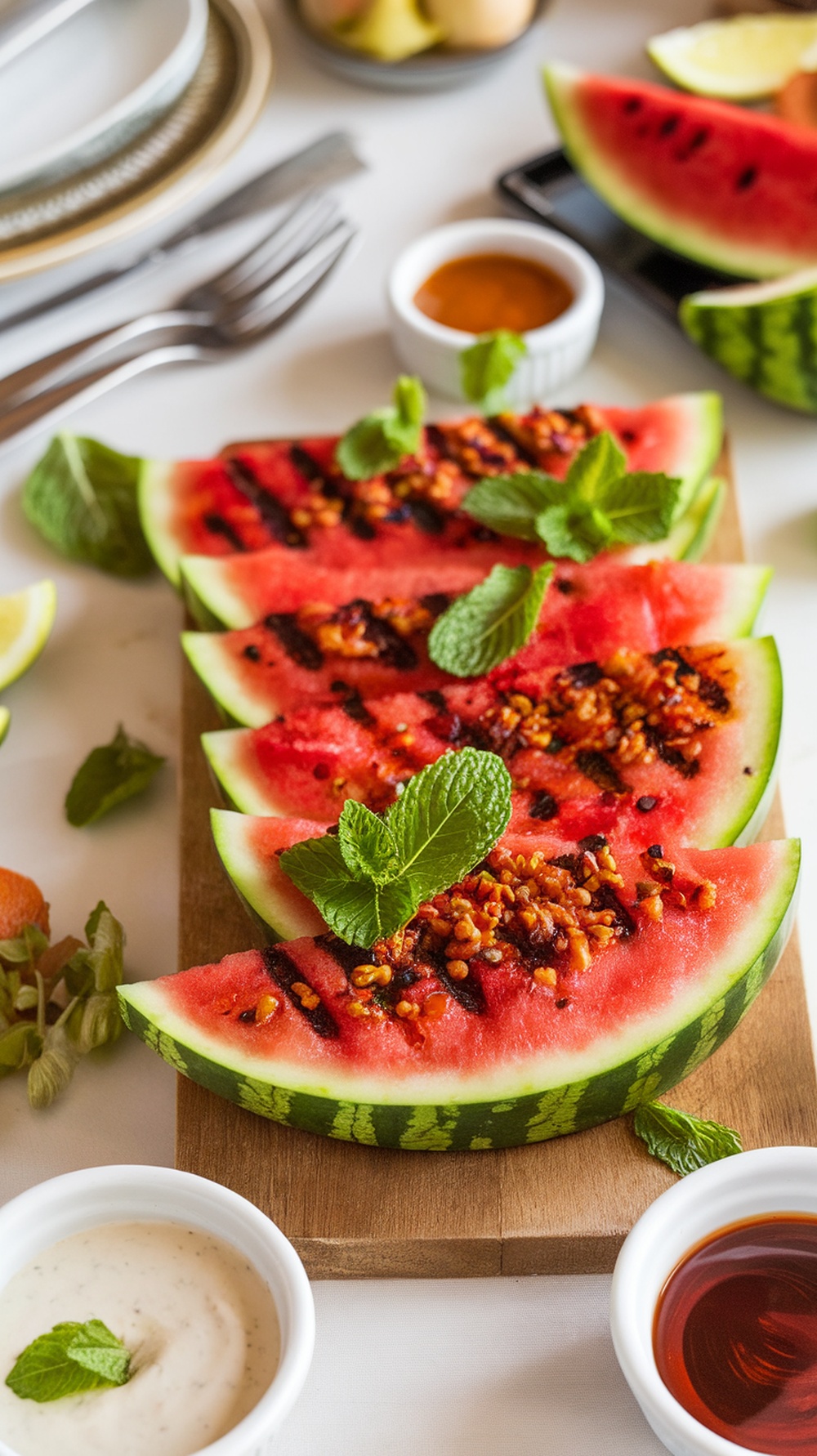 Grilled watermelon slices topped with spicy mixture and mint leaves
