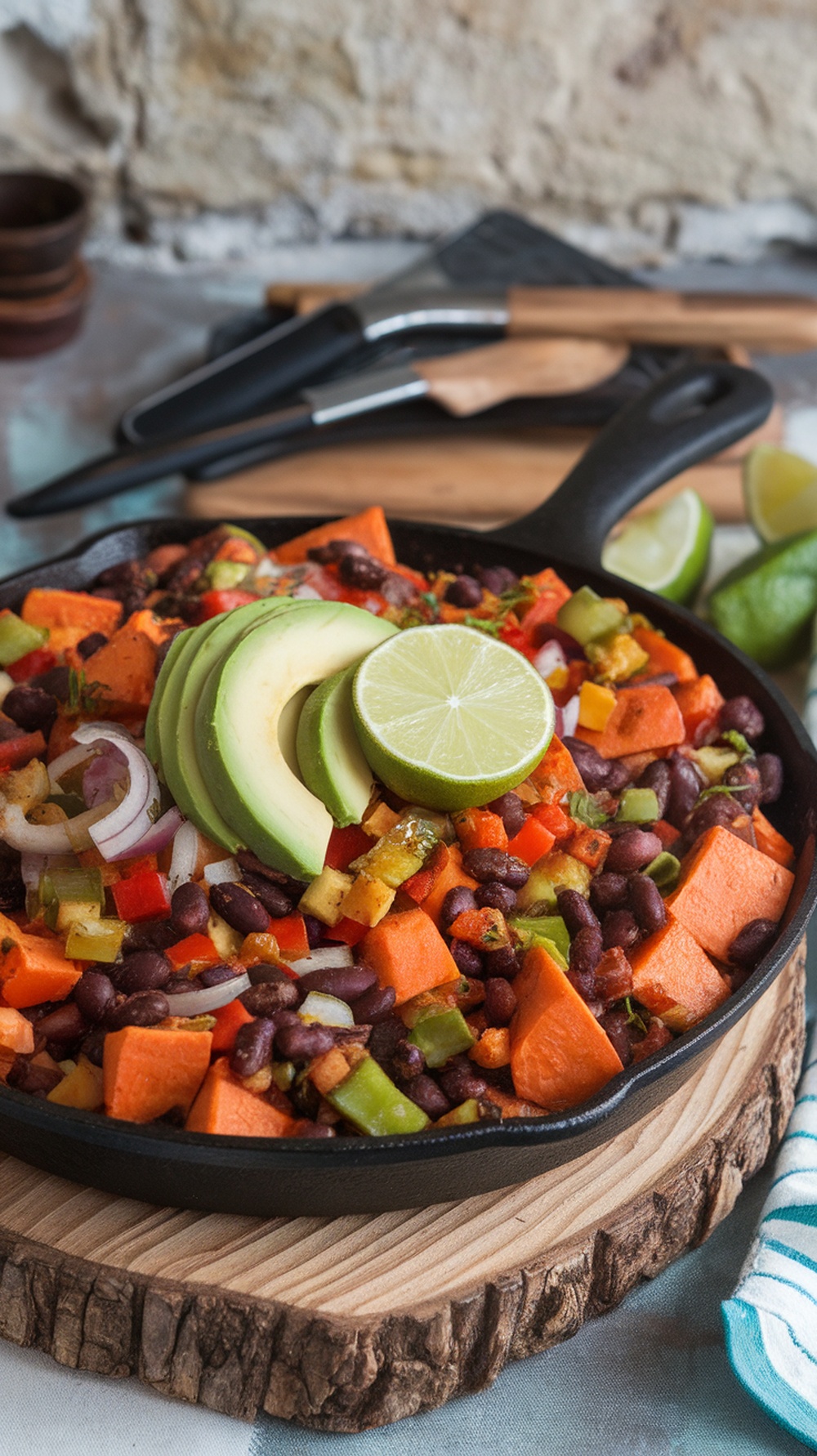 A colorful Sweet Potato and Black Bean Skillet topped with avocado and lime.