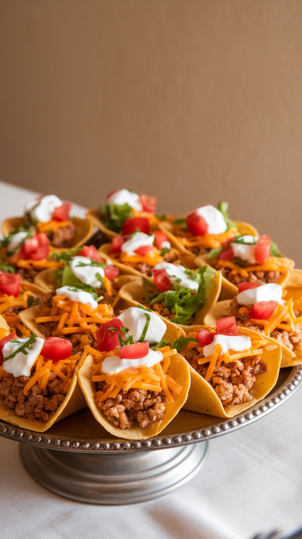 A platter of taco cups filled with ground turkey, cheese, lettuce, tomatoes, and sour cream.
