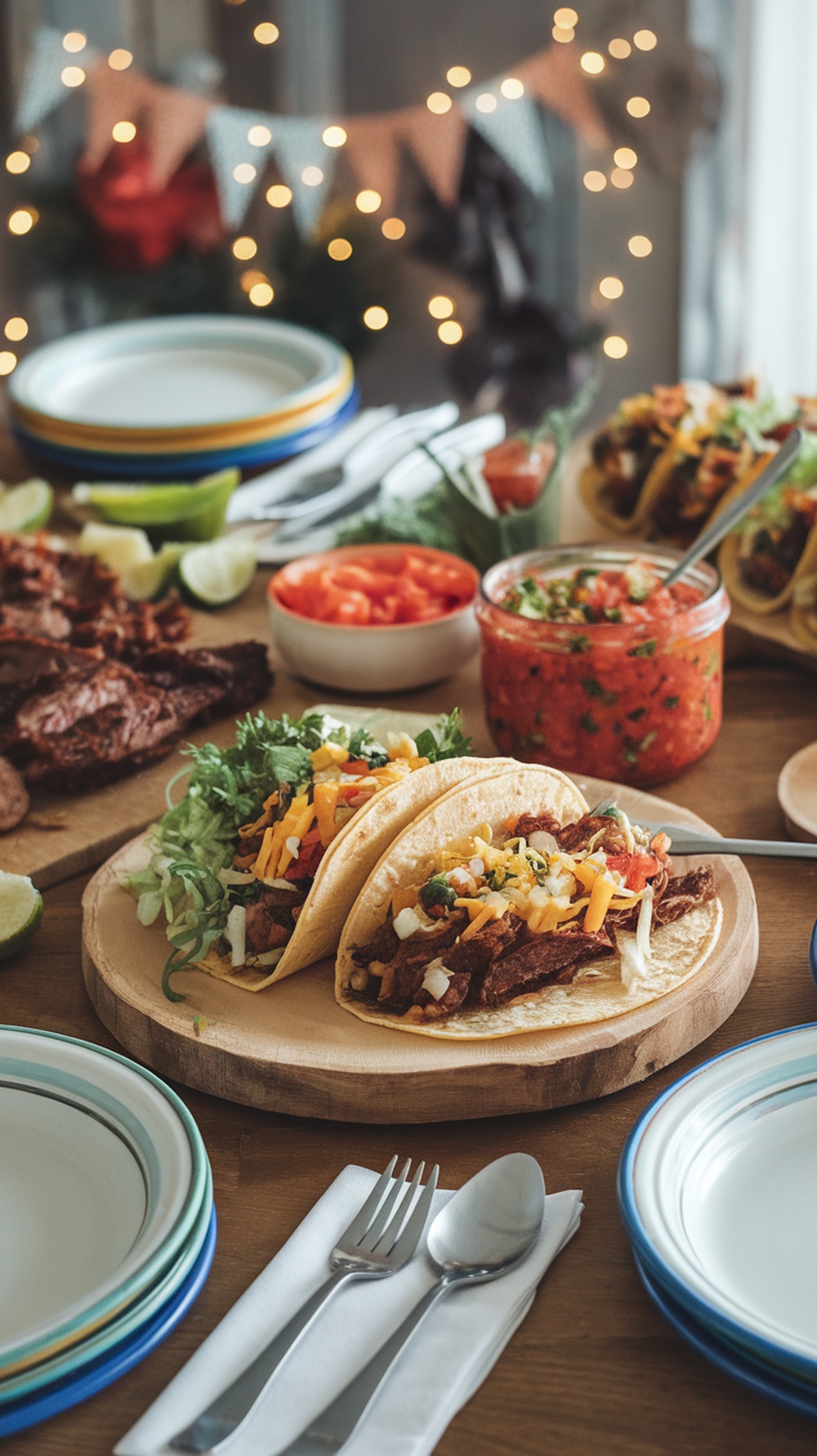 A spread of tacos with various toppings and homemade salsa on a wooden table.