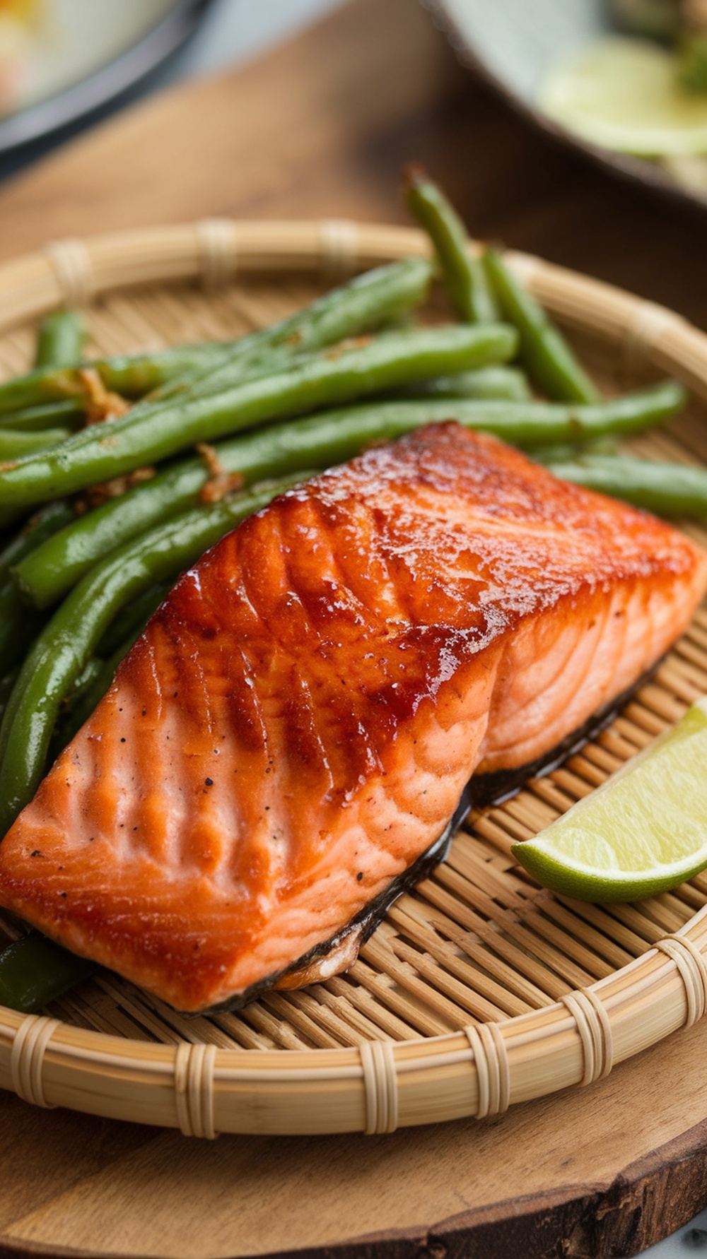 A plate of teriyaki salmon fillet served with green beans and lime wedges.