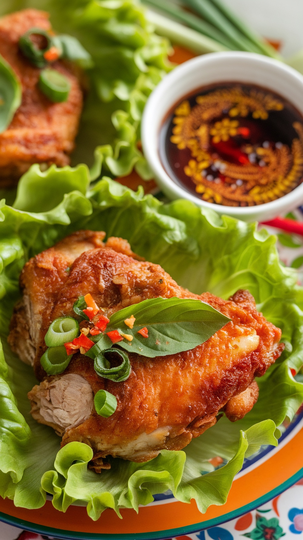 Thai Basil Chicken Lettuce Wraps with chicken, lettuce, and dipping sauce
