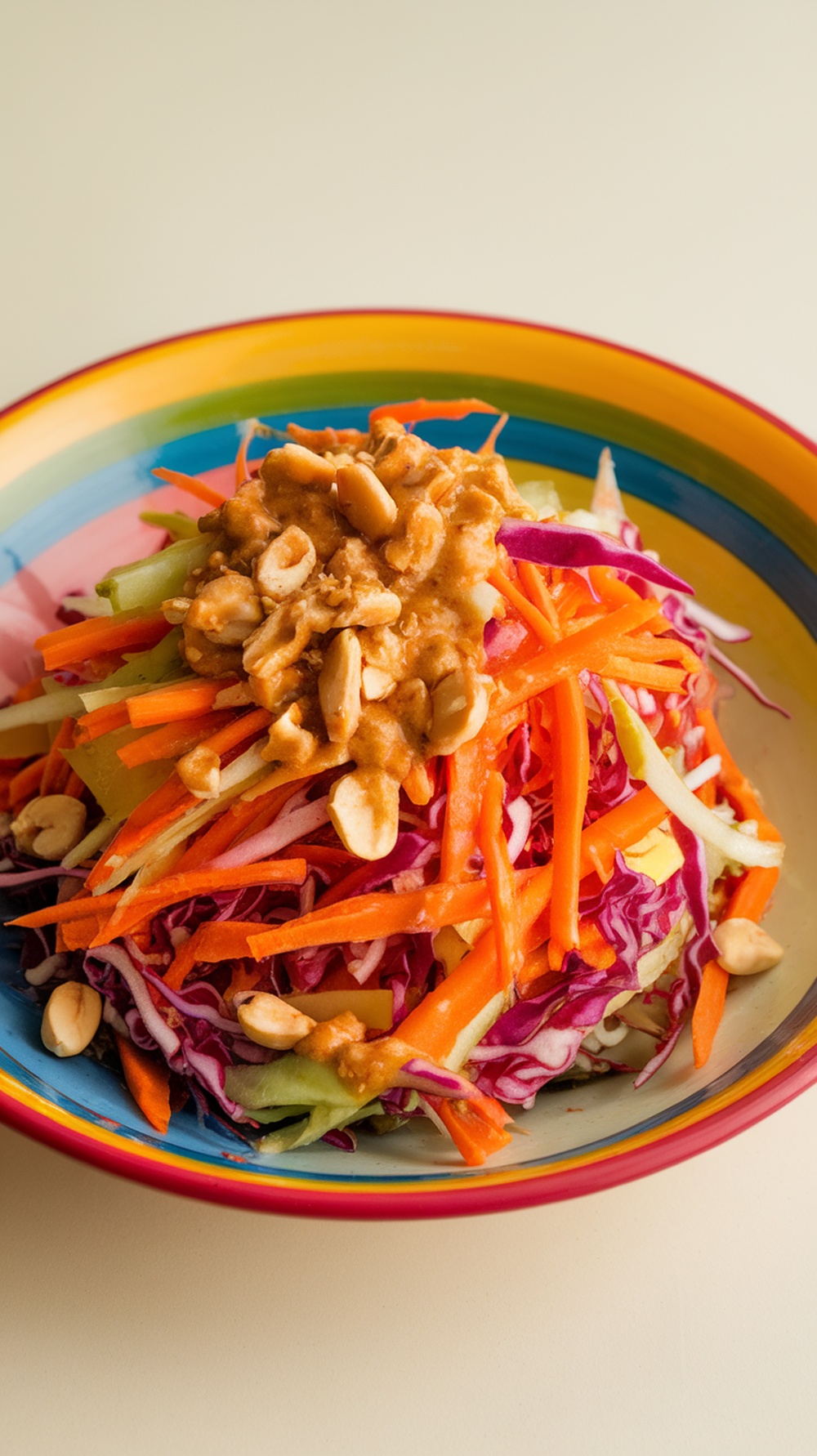 A colorful Thai Mango Salad with shredded cabbage, carrots, and a peanut dressing.
