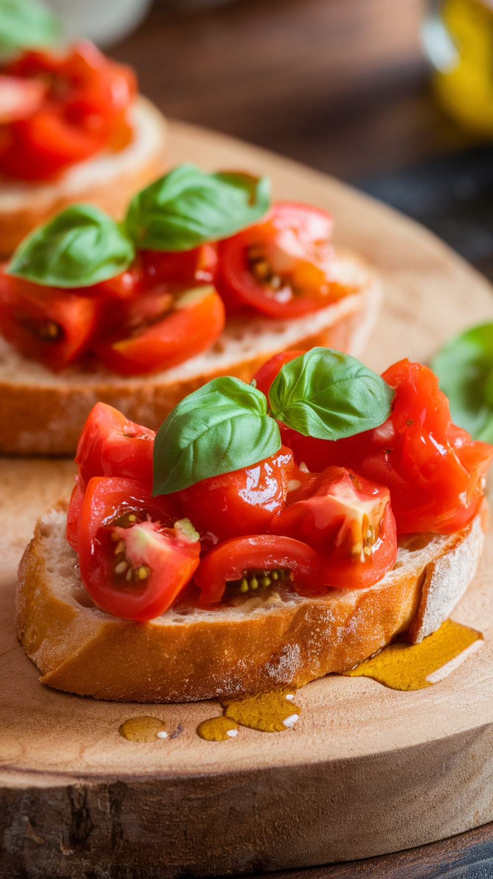 Tomato Basil Bruschetta on toasted bread with fresh basil leaves