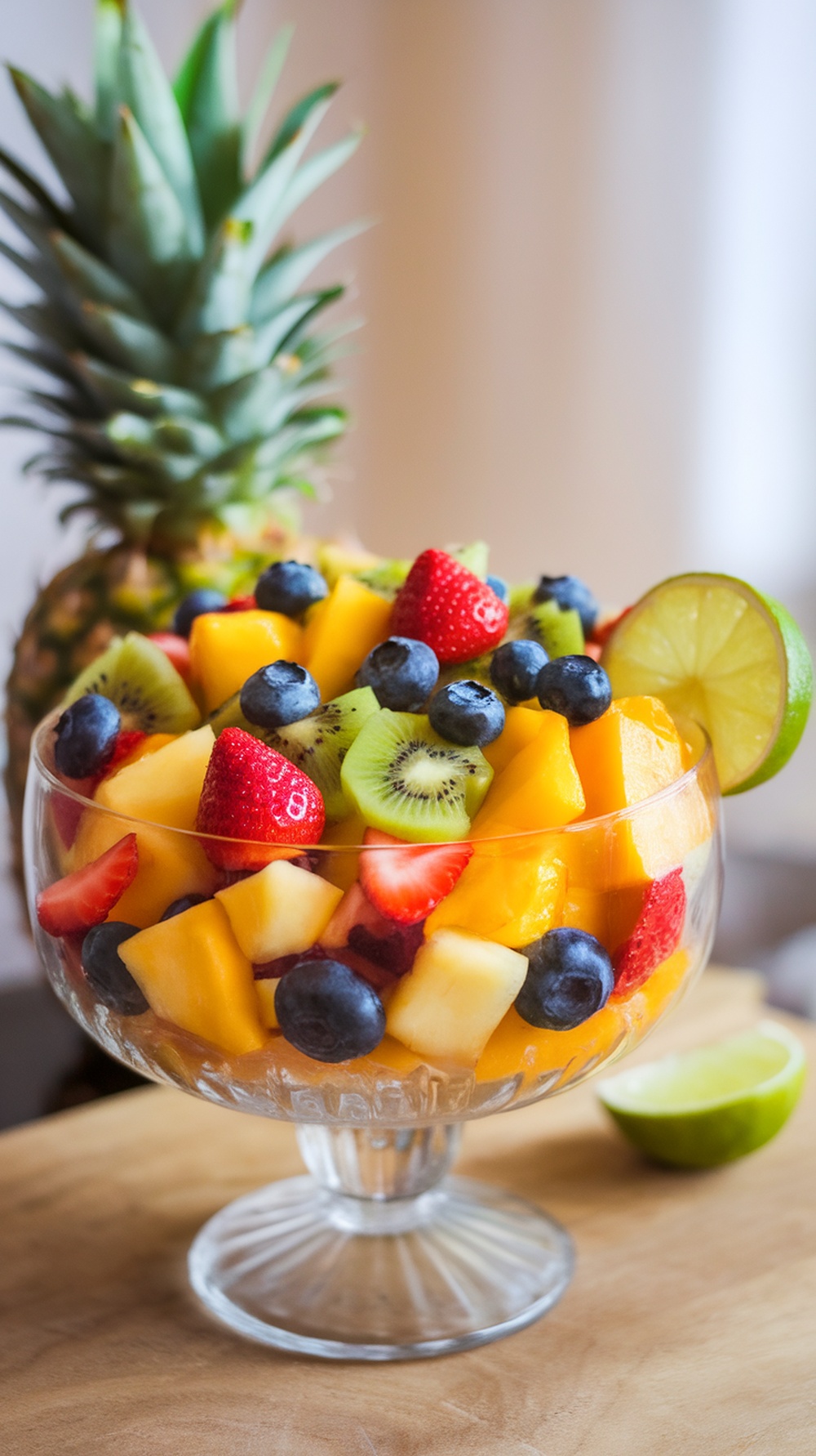 A colorful bowl of tropical fruit salad with pineapple, mango, strawberries, blueberries, and kiwi, garnished with lime and mint.