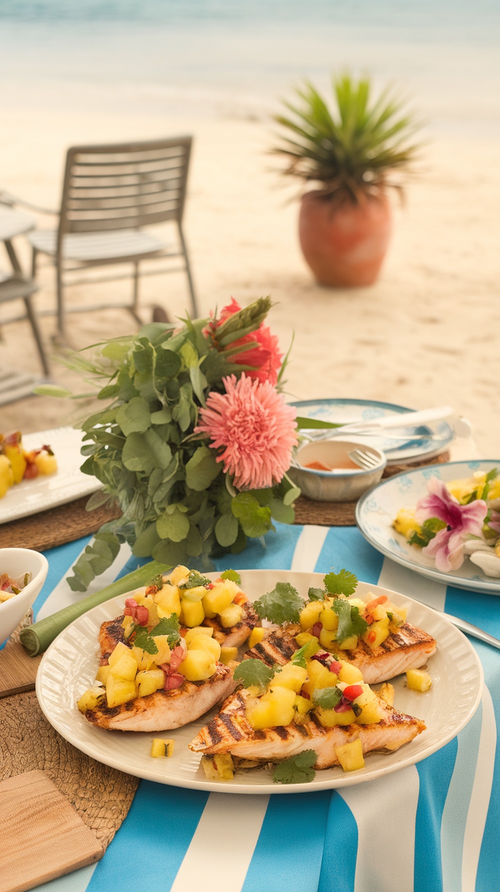 Grilled fish topped with pineapple salsa on a beachside table