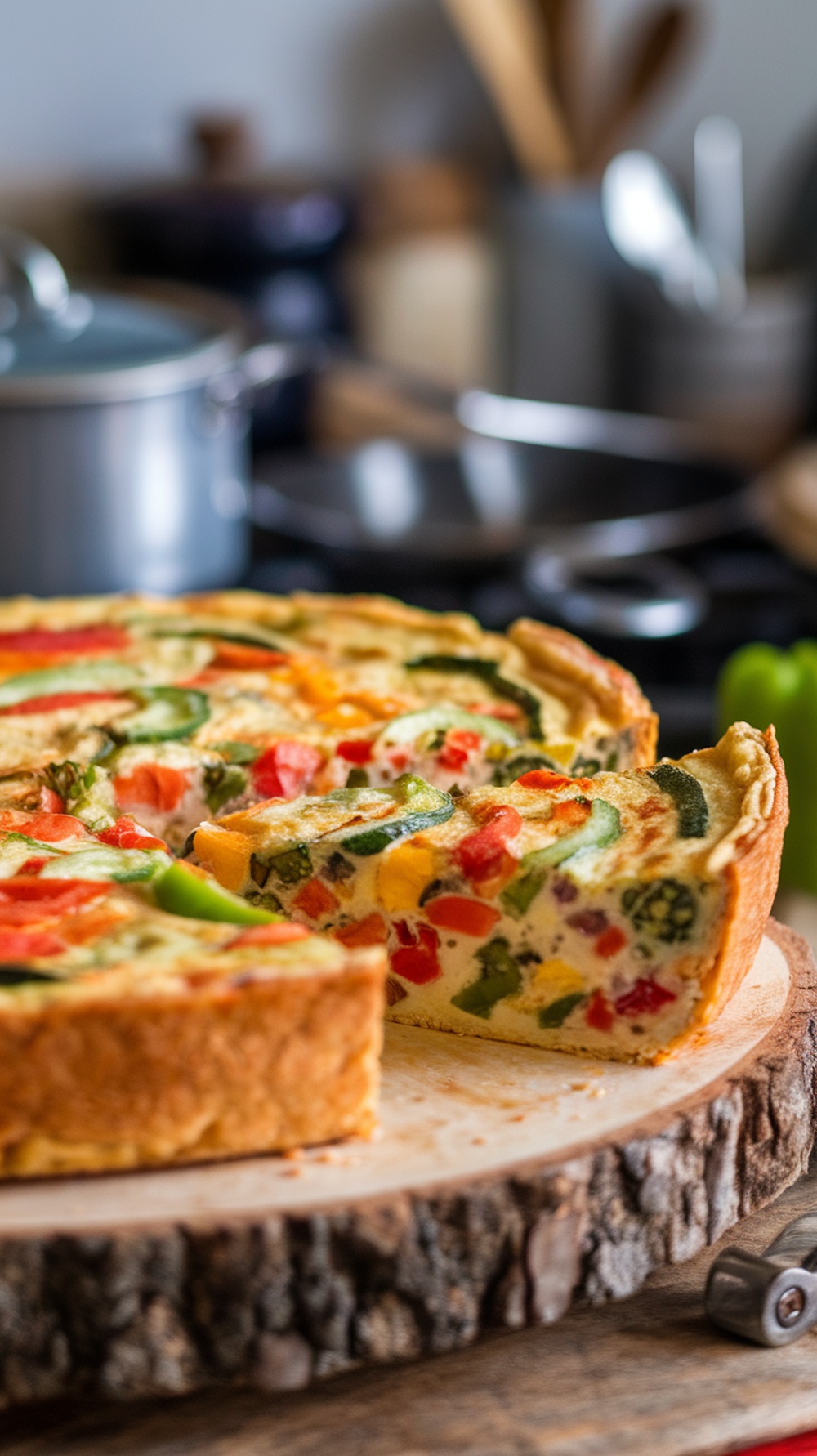 A delicious vegetable frittata with colorful bell peppers and zucchini, baked in a round pan.