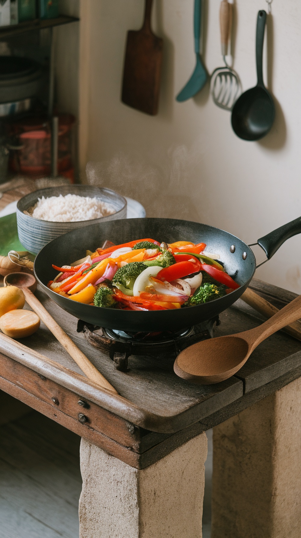 A colorful vegetable stir-fry with rice in a pan on a wooden table.