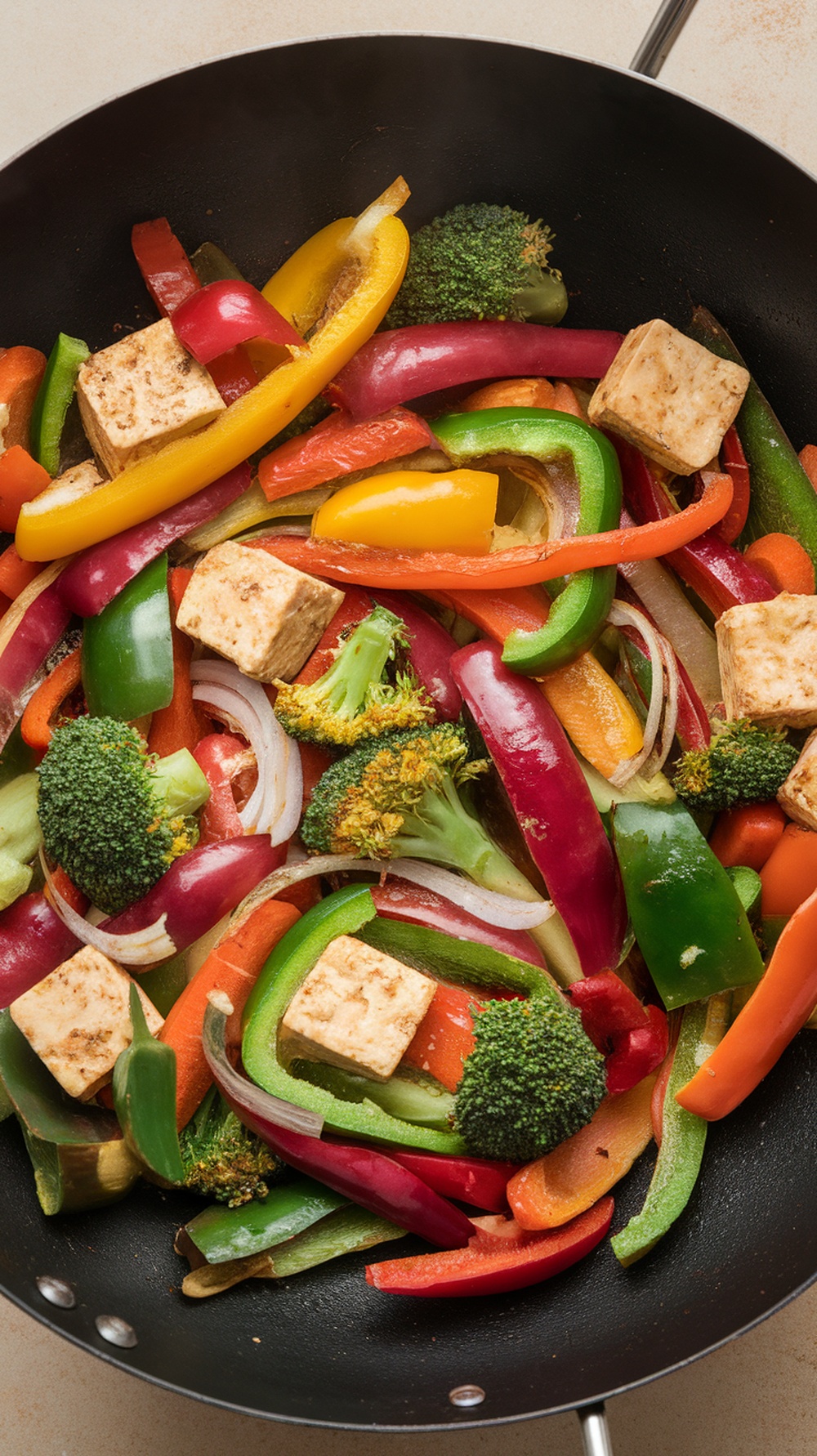 A colorful vegetable stir-fry featuring bell peppers, broccoli, onions, and tofu in a skillet.
