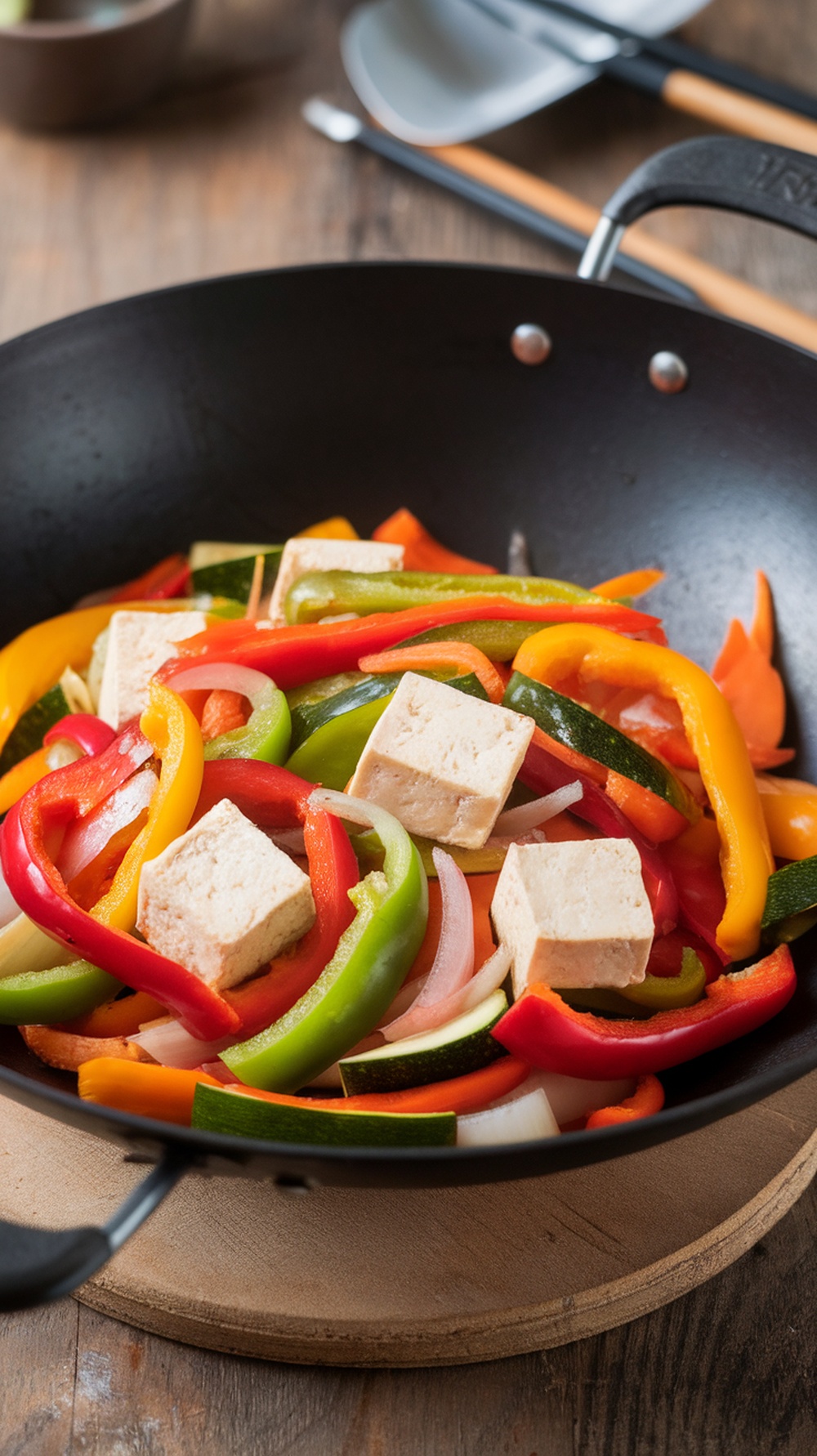 A colorful vegetable stir-fry with tofu in a black wok, featuring bell peppers, zucchini, and onions.