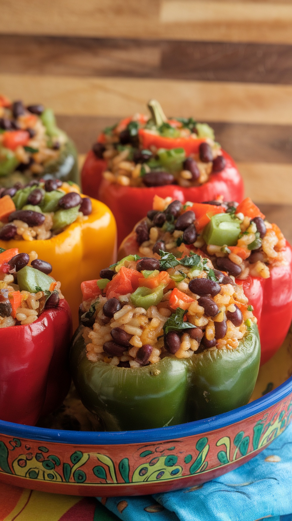 Colorful vegetarian stuffed peppers filled with rice, black beans, and vegetables.