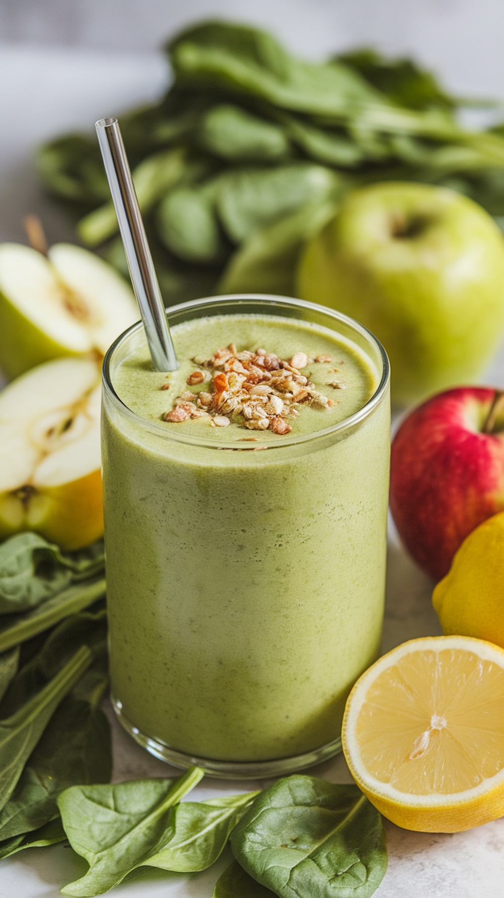 A green smoothie made with spinach, apples, and lemon, garnished with granola, surrounded by fresh ingredients.