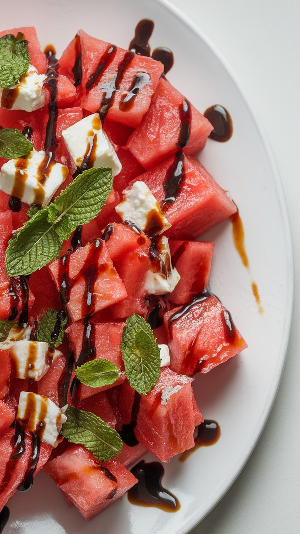 A vibrant watermelon and feta salad with mint leaves and balsamic drizzle.