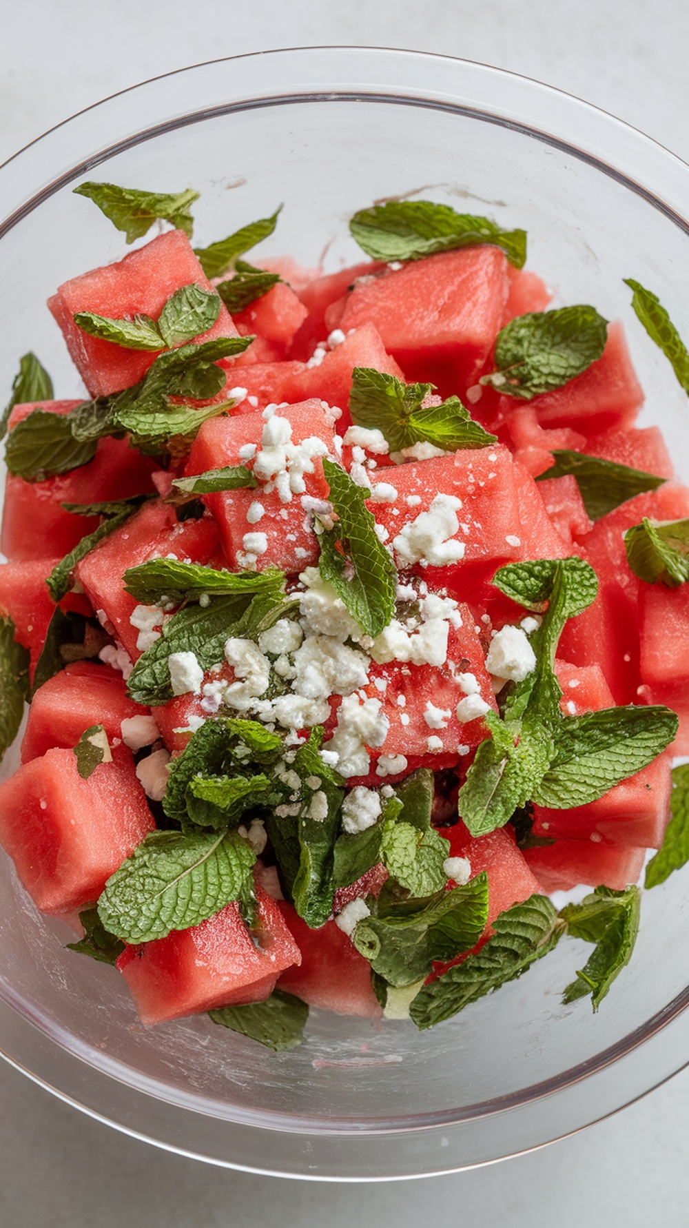 A bowl of watermelon and mint salad with feta cheese