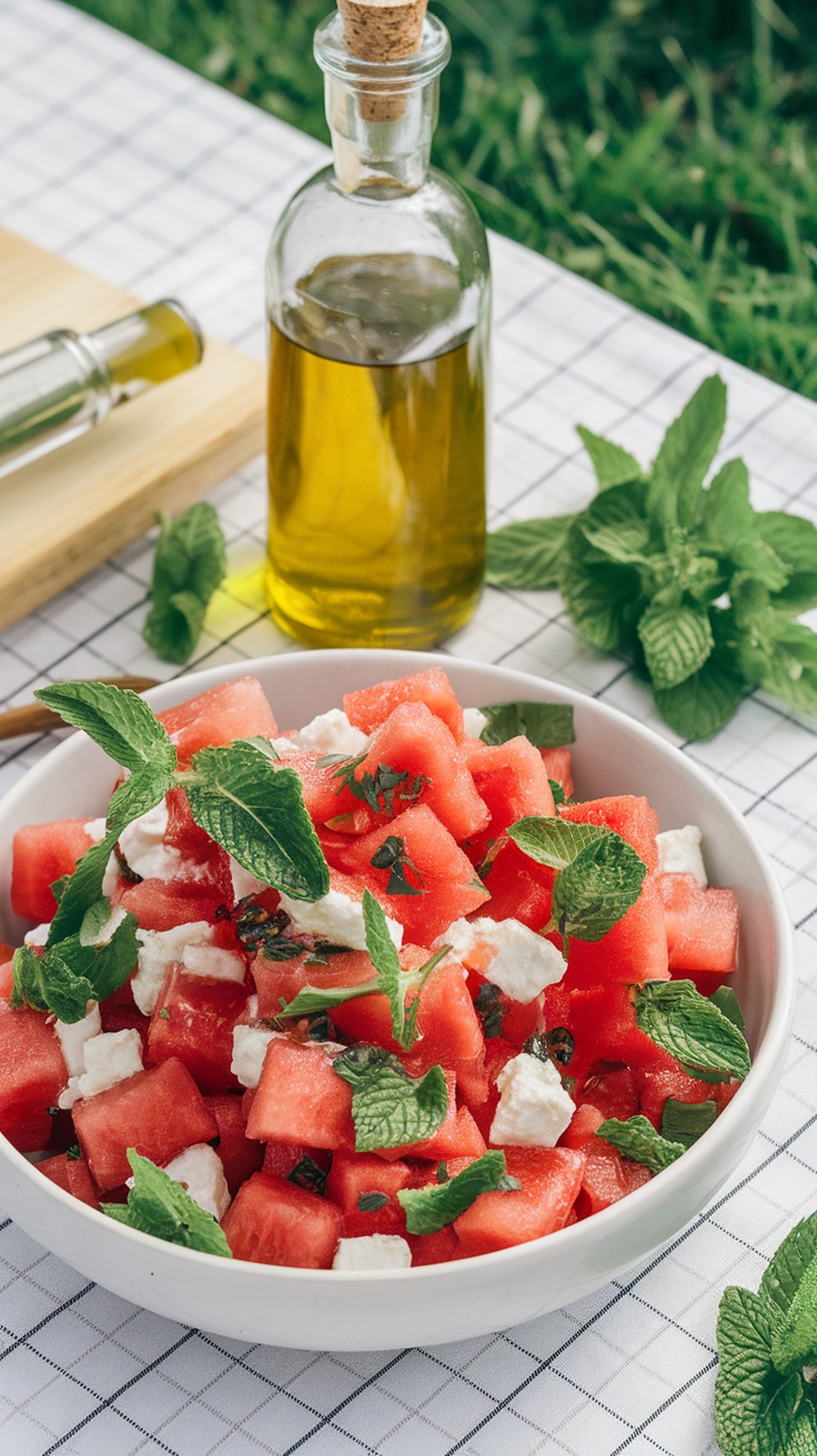 A bowl of watermelon feta salad with mint leaves and olive oil in the background.