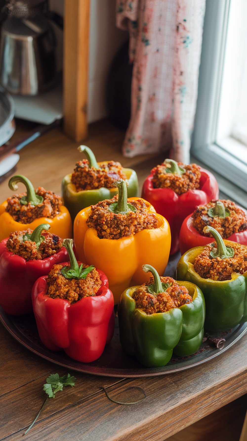 Colorful stuffed bell peppers filled with ground beef and quinoa on a wooden table.