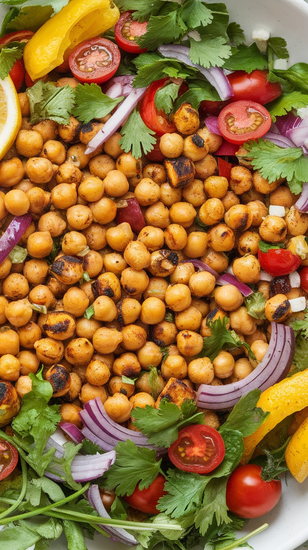 A vibrant bowl of grilled chickpea salad with fresh vegetables and herbs.