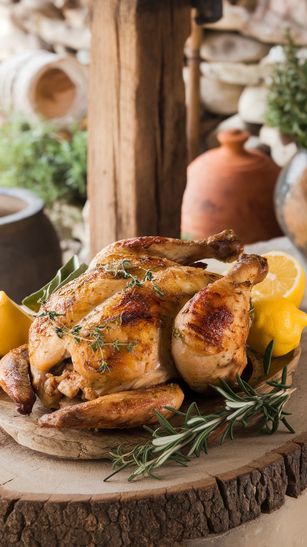 Grilled chicken garnished with herbs and lemon slices on a wooden platter