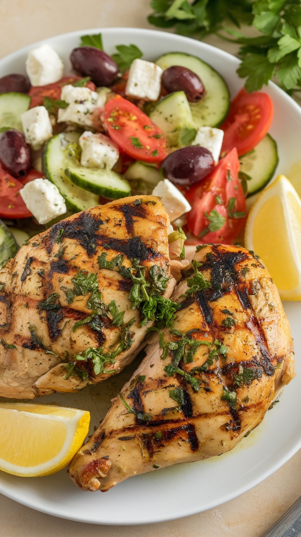 Grilled chicken breasts with lemon and herbs served with a fresh salad