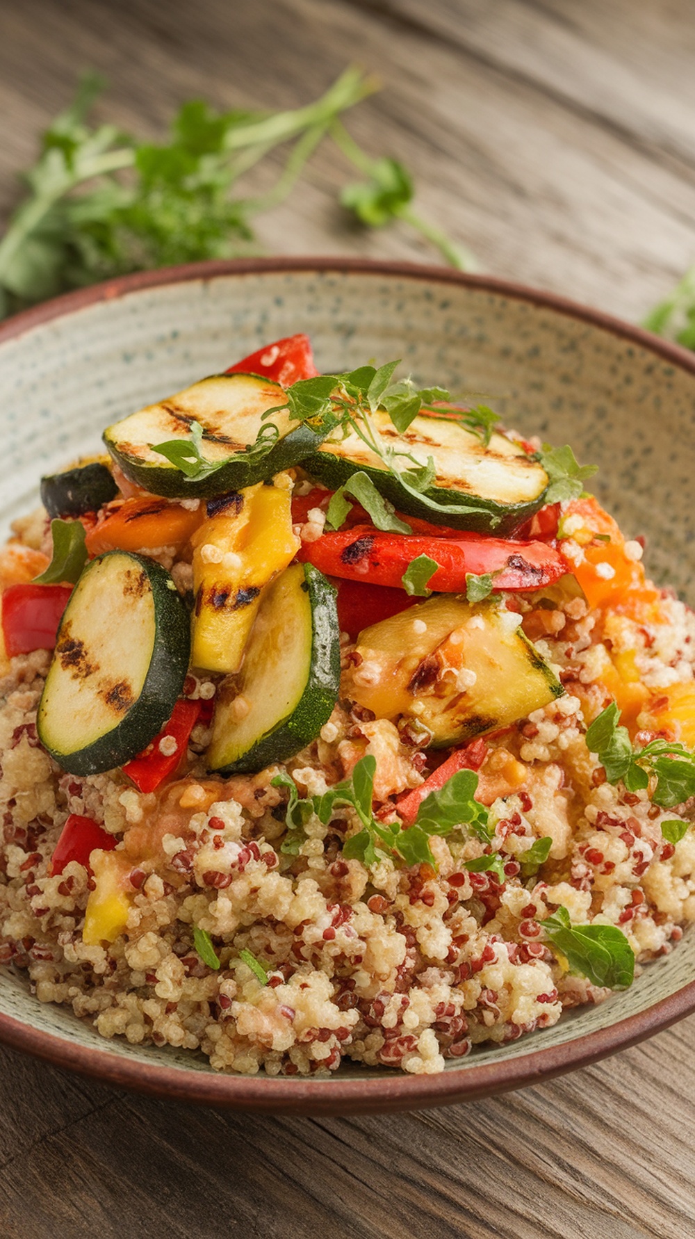A colorful zesty quinoa salad topped with grilled vegetables, including zucchini and bell peppers, served in a bowl.