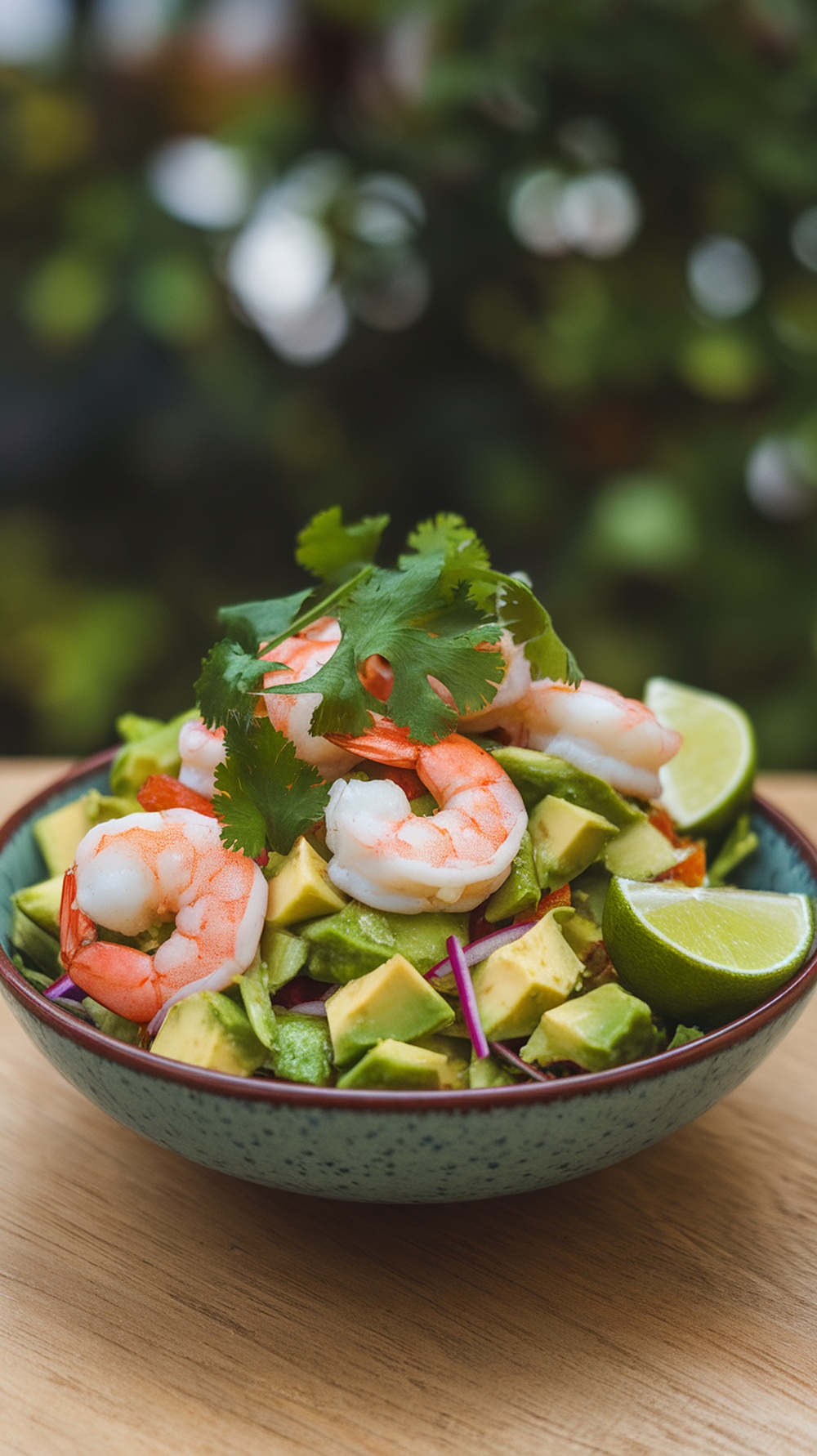 A bowl of zesty shrimp and avocado salad topped with cilantro and lime wedges.