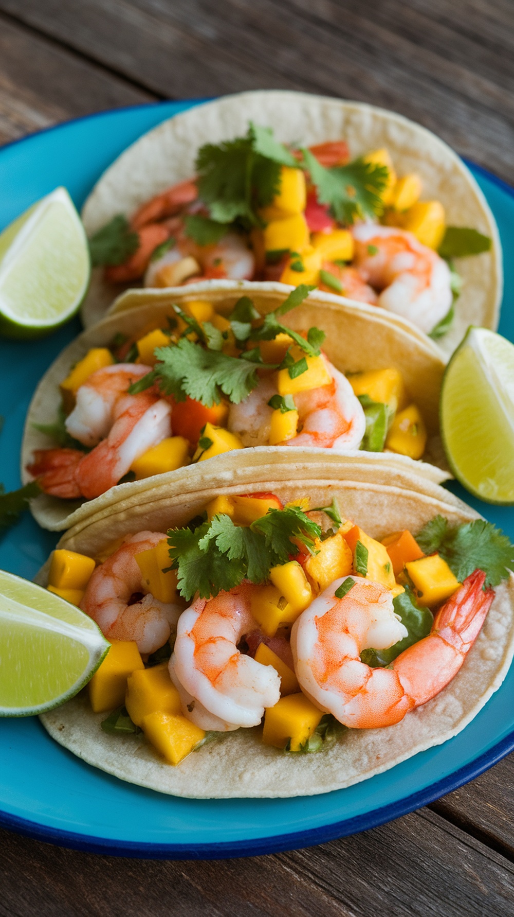Three shrimp tacos topped with mango salsa and cilantro on a blue plate with lime wedges.
