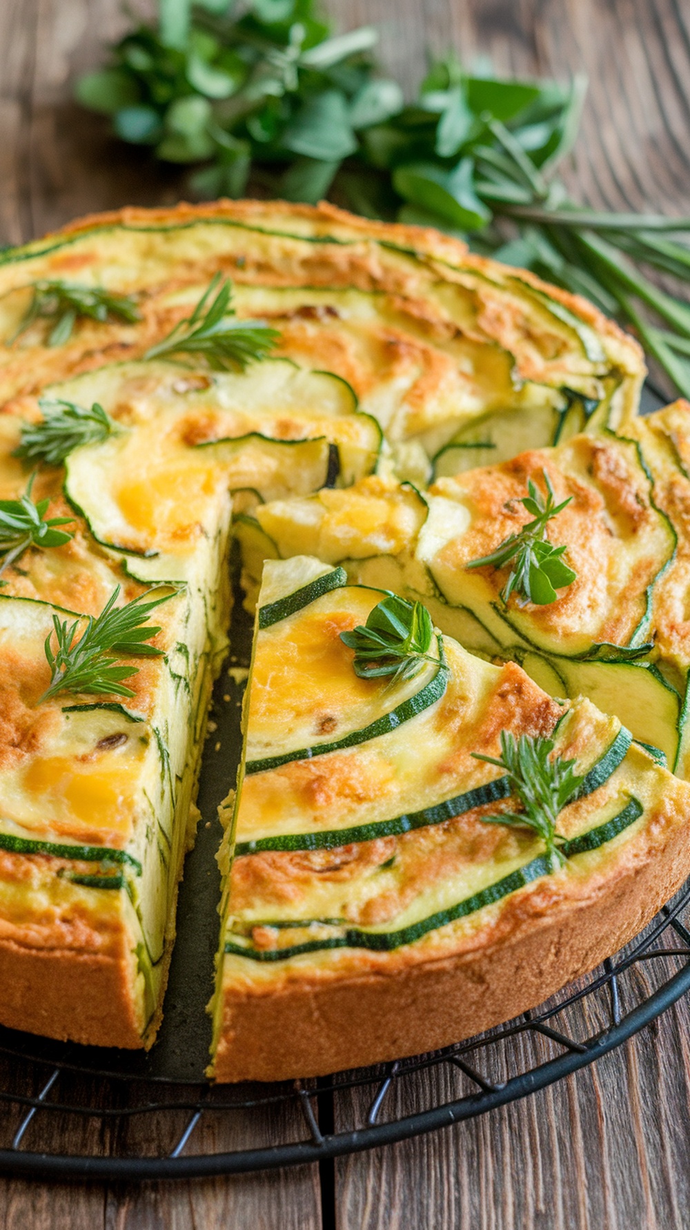 A zucchini and egg frittata with fresh herbs on top, sliced and ready to serve.