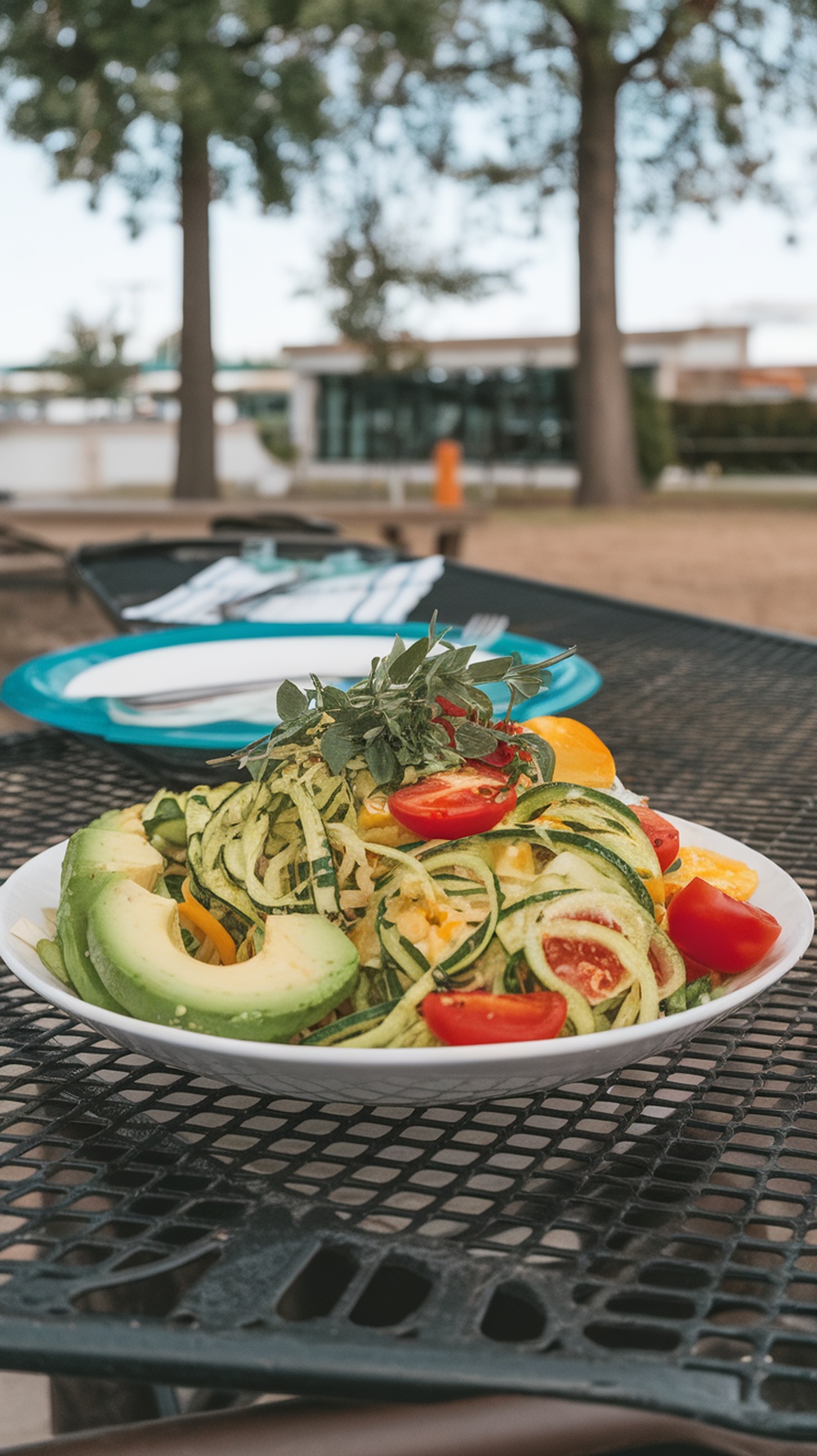 A vibrant zucchini noodle salad with avocado dressing, topped with fresh herbs and cherry tomatoes, served on a plate.