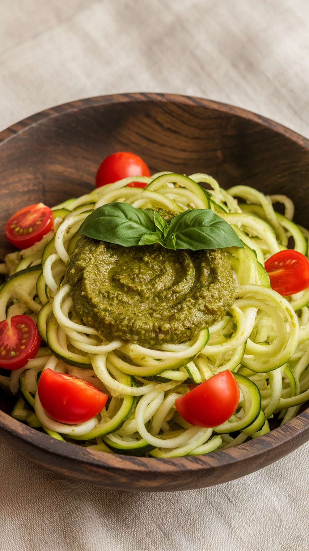 Zucchini Noodle Salad with Pesto topped with cherry tomatoes and basil