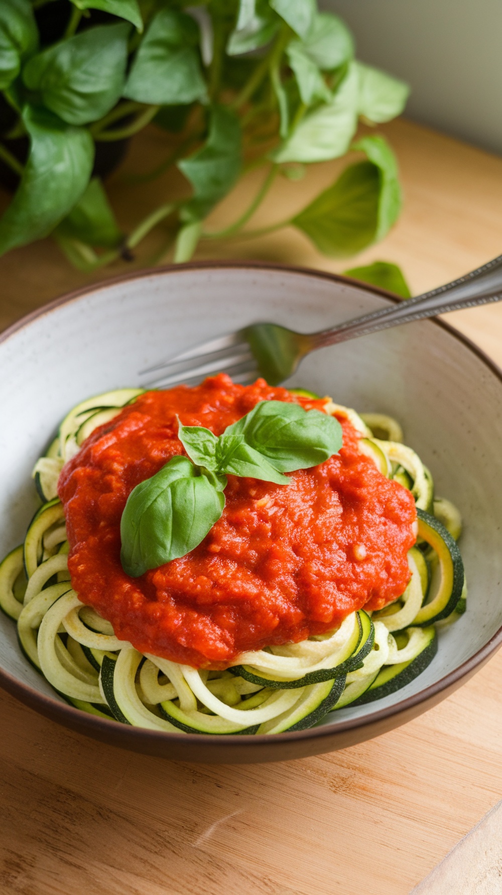 A bowl of zucchini noodles topped with marinara sauce and fresh basil.