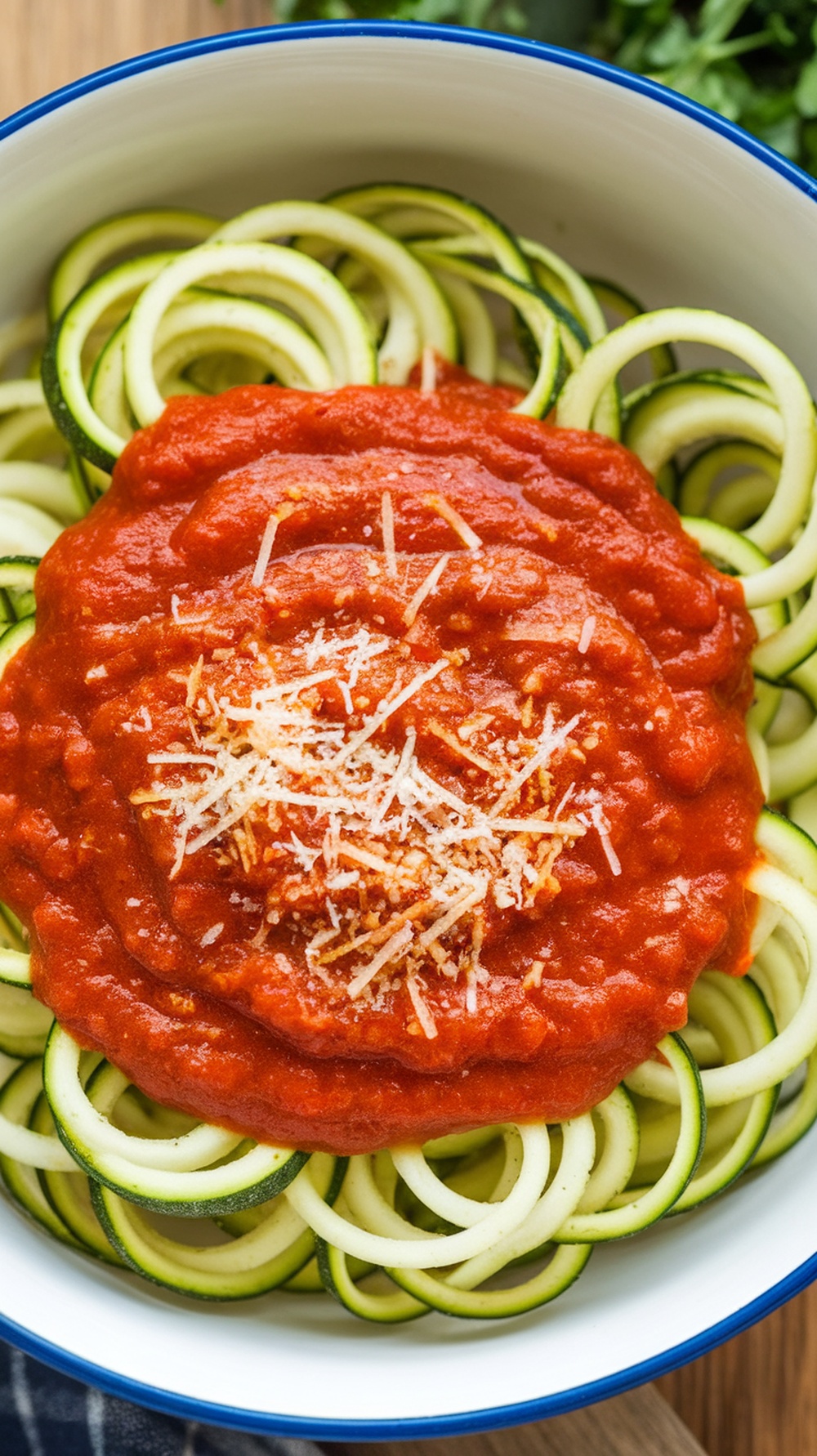 A bowl of zucchini noodles topped with marinara sauce and grated cheese.