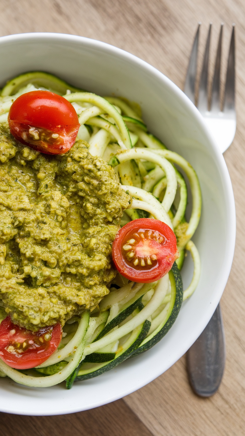 A bowl of zucchini noodles topped with pesto and cherry tomatoes.