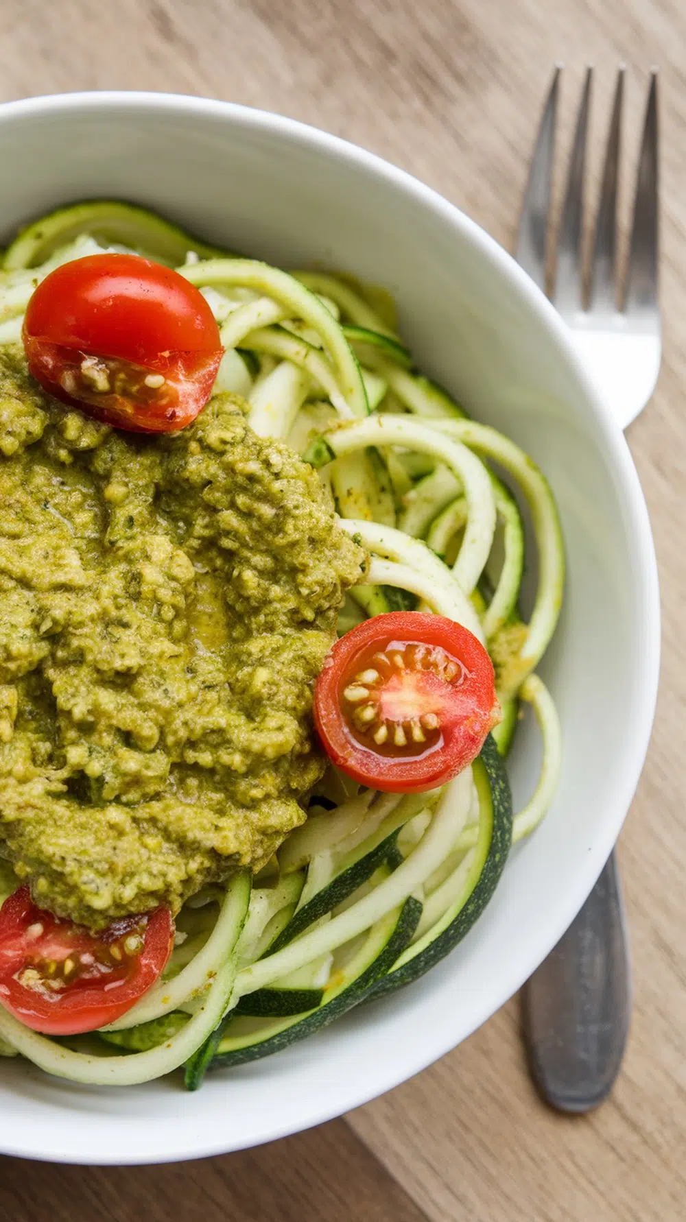 A bowl of zucchini noodles topped with pesto and cherry tomatoes.